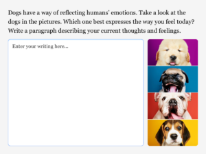 A large textbox students use to respond to the following prompt: "Dogs have a way of reflecting humans' emotions. Take a look at the dogs in the pictures. Which one best expresses the way you feel today? Write a paragraph describing your current thoughts and feelings."