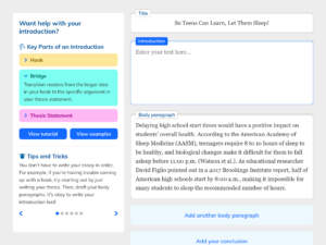 Students enter writing in a scaffolded structure, with separate labeled text boxes for their Title, Introduction, Body paragraphs, and Conclusion. While they write, a sidebar provides tutorials, tips, and examples.