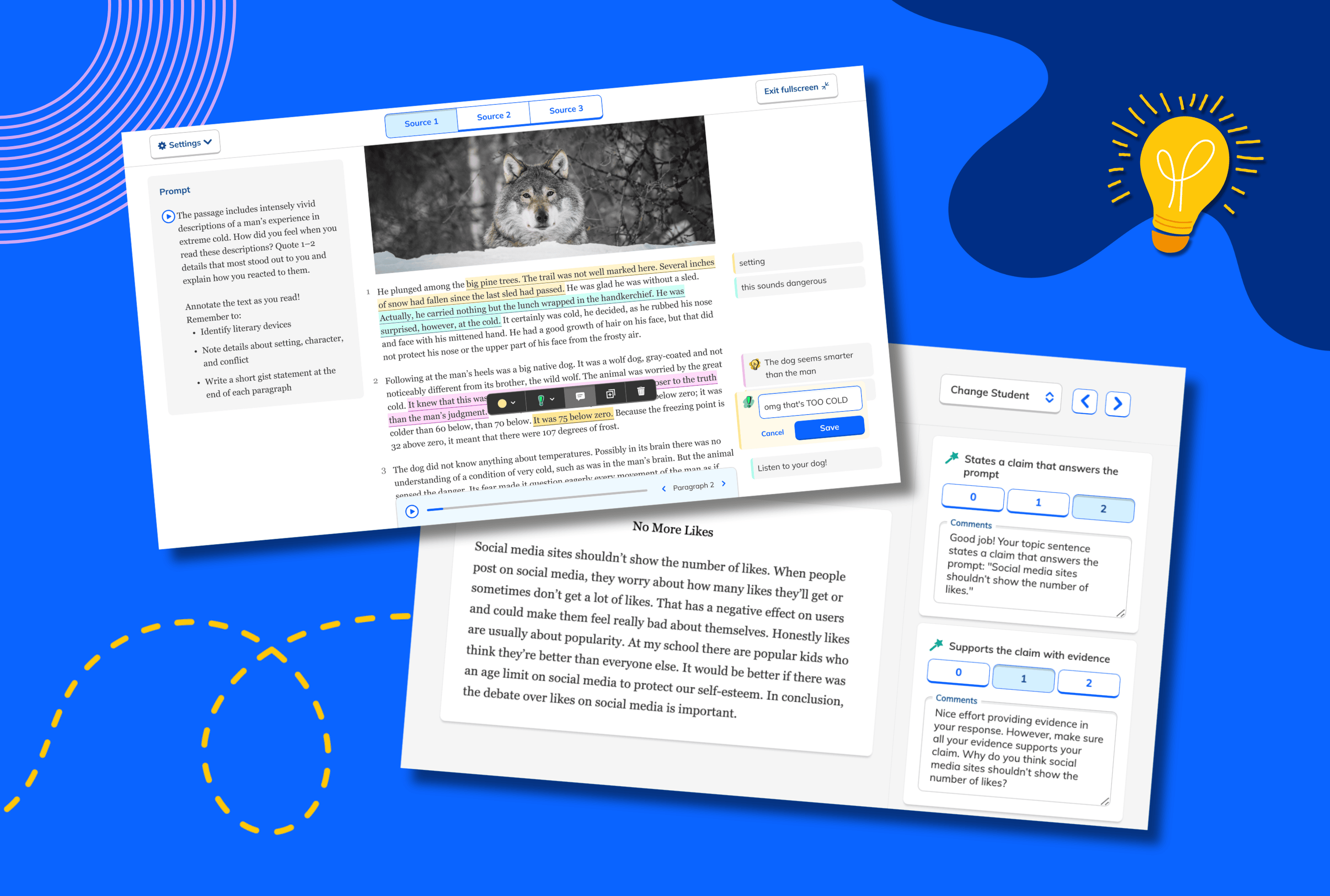 Graphic featuring NoRedInk's Grading Assistant and Reading Mode