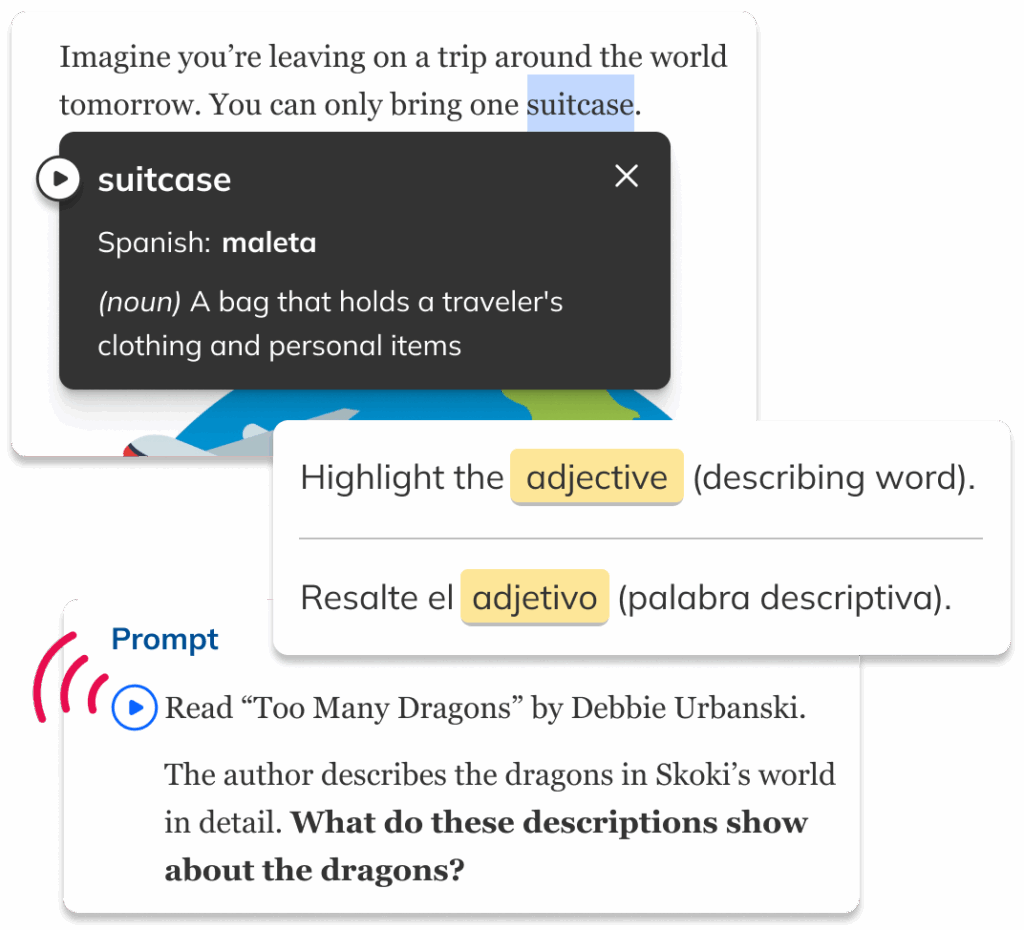 Illustration of NoRedInk’s English Learner Support Suite featuring Spanish word translation pop-ups, bilingual instructions, and text-to-speech reading prompts for students.