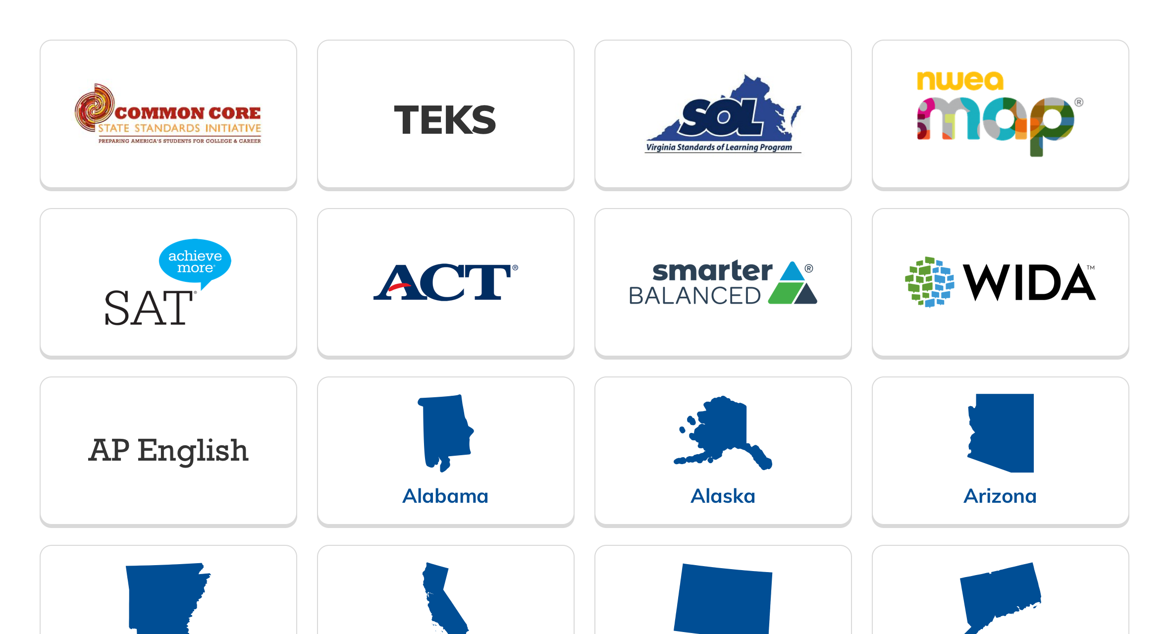 Common Core, TEKS, SOL, NWEA MAP, SAT, ACT, Smarter Balanced, WIDA, AP English, state standards for all states